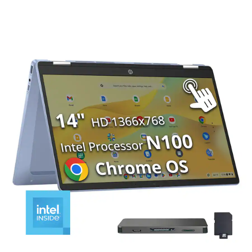 HP 2-in-1 14-Inch Touchscreen Chromebook Intel N100 4GB RAM 64GB eMMC with 1TB Dock Set Blue Laptop